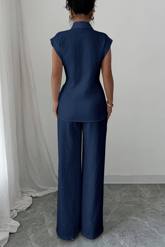 Elegant Sleeveless Shirt and Wide-Leg Pants Set