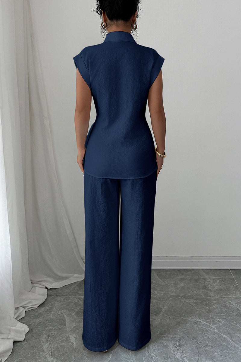 Elegant Sleeveless Shirt and Wide-Leg Pants Set