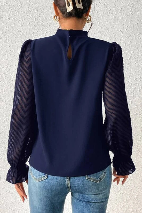 Elegant Pleated High Neck Sheer Sleeve Top