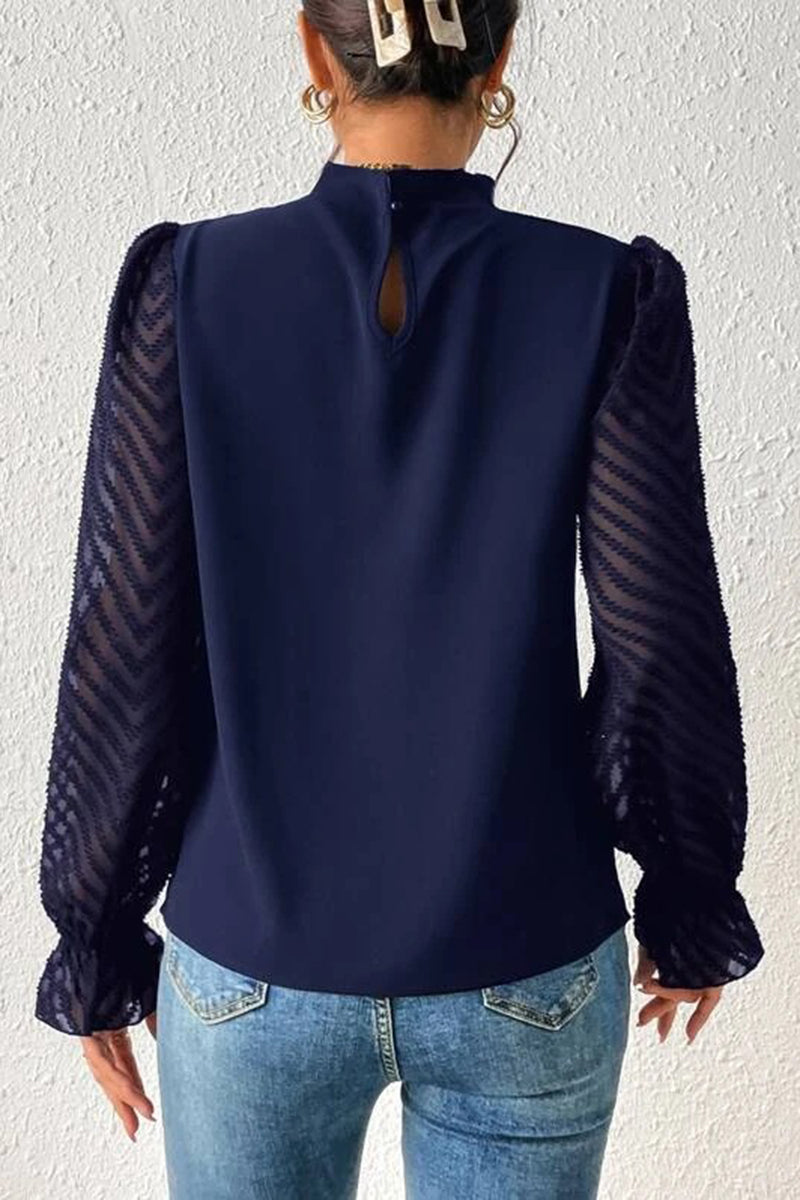 Elegant Pleated High Neck Sheer Sleeve Top