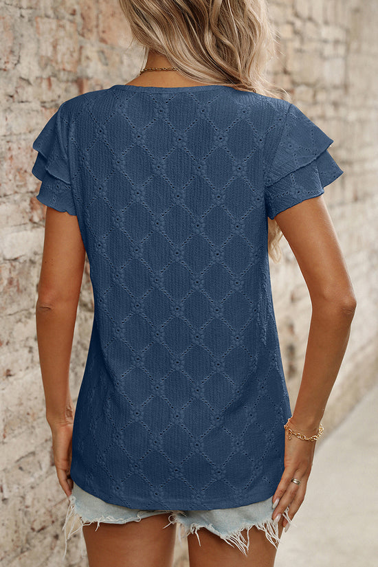 Ruffled Sleeve Eyelet T-Shirt