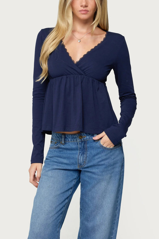 Scalloped V-Neck Long Sleeve Peplum Top