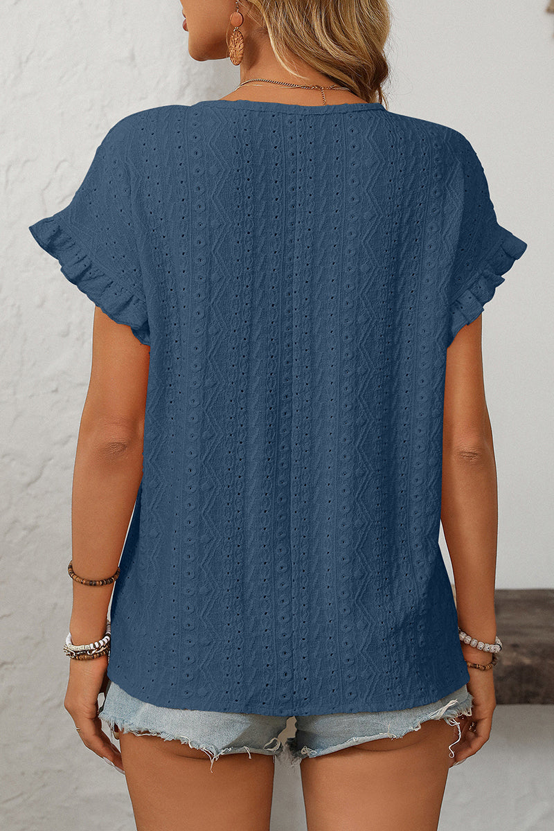 Ruffle Sleeve Eyelet T-Shirt