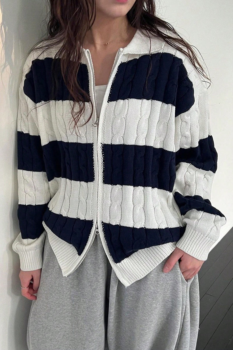 Striped Cable Knit Zip-Up Cardigan