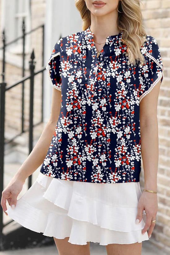 Floral Half Button Lace Trim Blouse