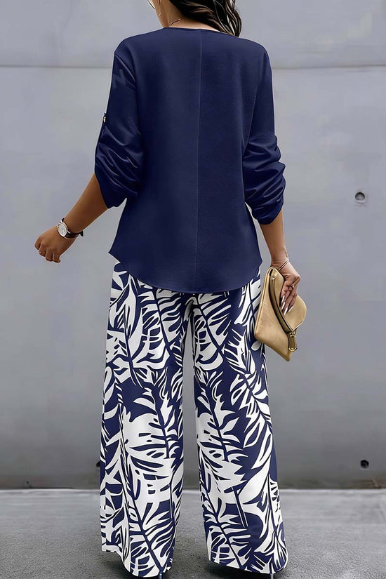 Stylish Buttoned Blouse and Patterned Pants Set