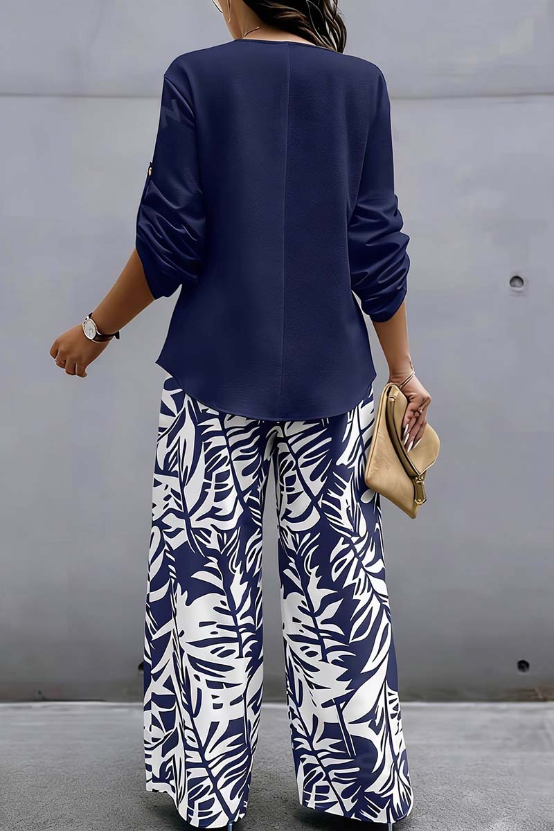 Stylish Buttoned Blouse and Patterned Pants Set