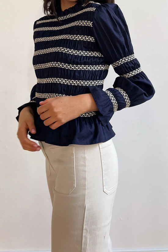 Smocked Pleated Long Sleeve Blouse