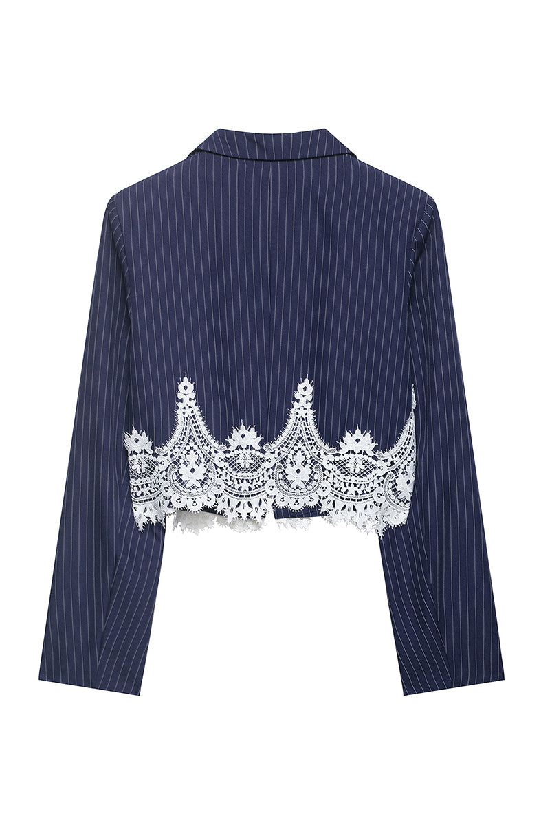 Pinstripe Lace Trim Cropped Blazer