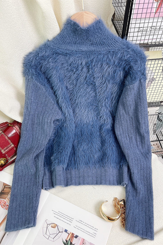 Zip-Up Mock Neck Fuzzy Cardigan