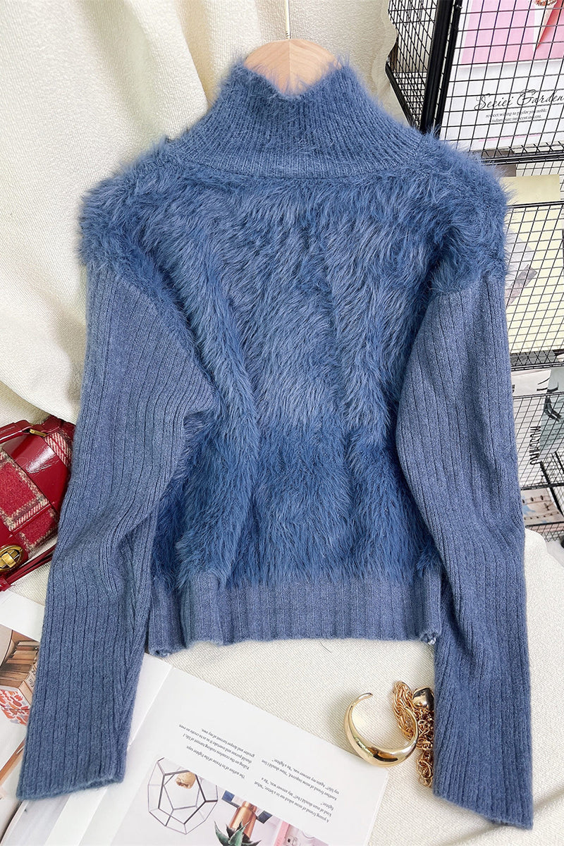 Zip-Up Mock Neck Fuzzy Cardigan