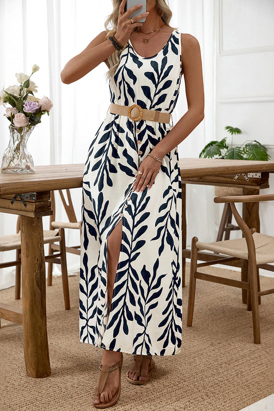 Leaf Print Sleeveless Casual Maxi Dress