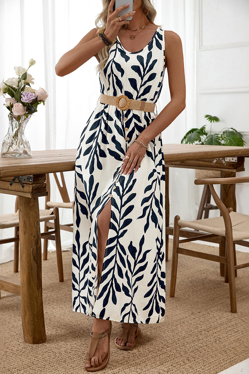 Leaf Print Sleeveless Casual Maxi Dress