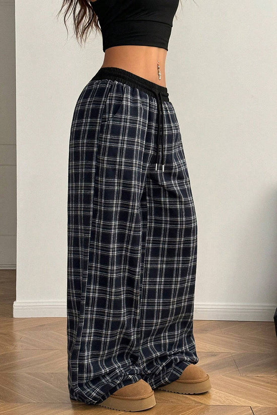 Classic Plaid Wide-Leg Casual Pants