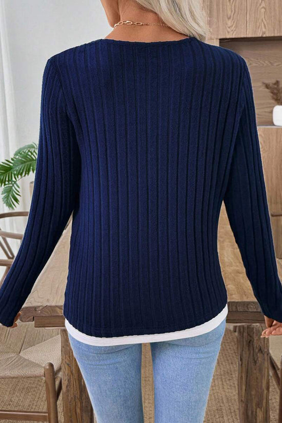 Ribbed Button Detail Long Sleeve Top