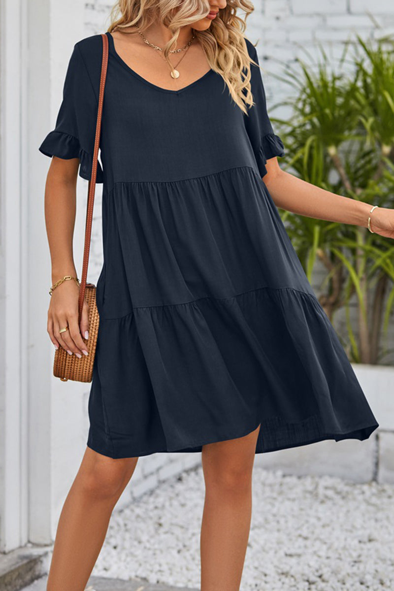 Flowy V-Neck Short Sleeve Tiered Dress