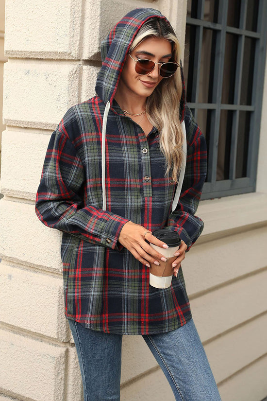 Plaid Hooded Button-Up Blouse