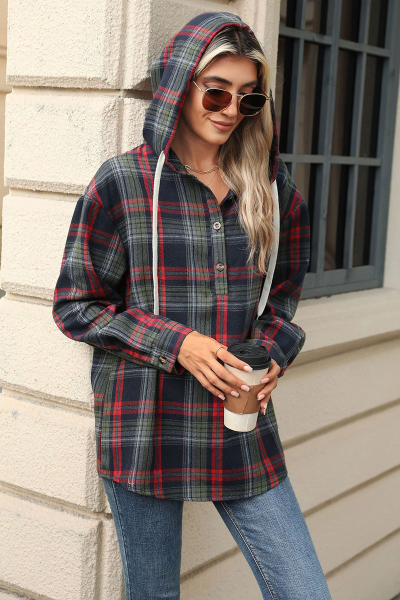Plaid Hooded Button-Up Blouse