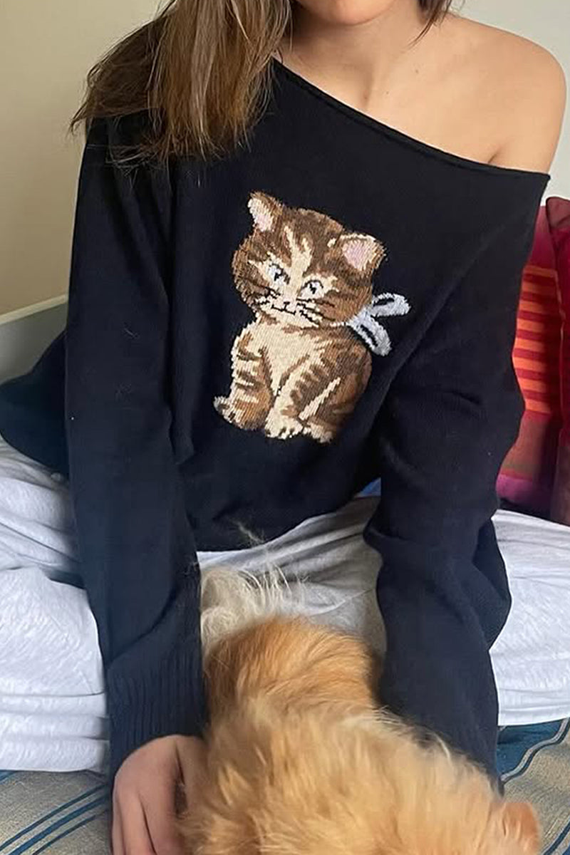 Off-Shoulder Casual Sweater with Print