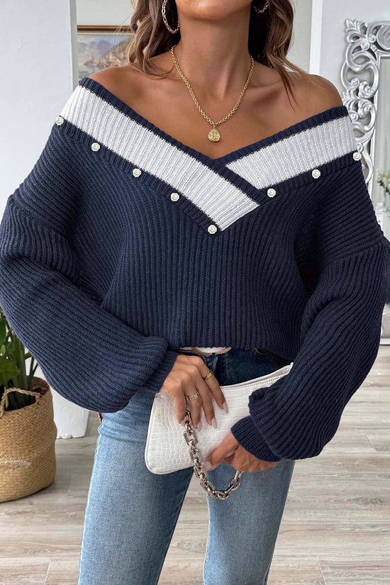 V-Neck Pearl Accent Sweater
