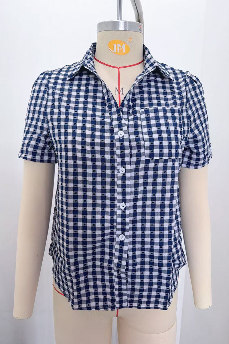 Checkered Short Sleeve Button-Up Blouse