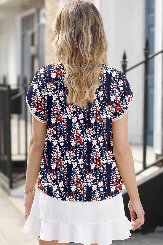 Floral Half Button Lace Trim Blouse