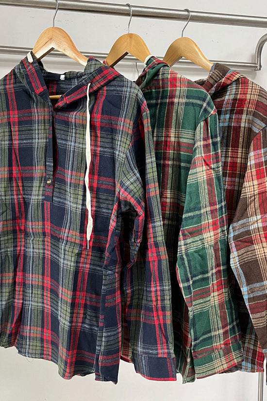 Plaid Hooded Button-Up Blouse