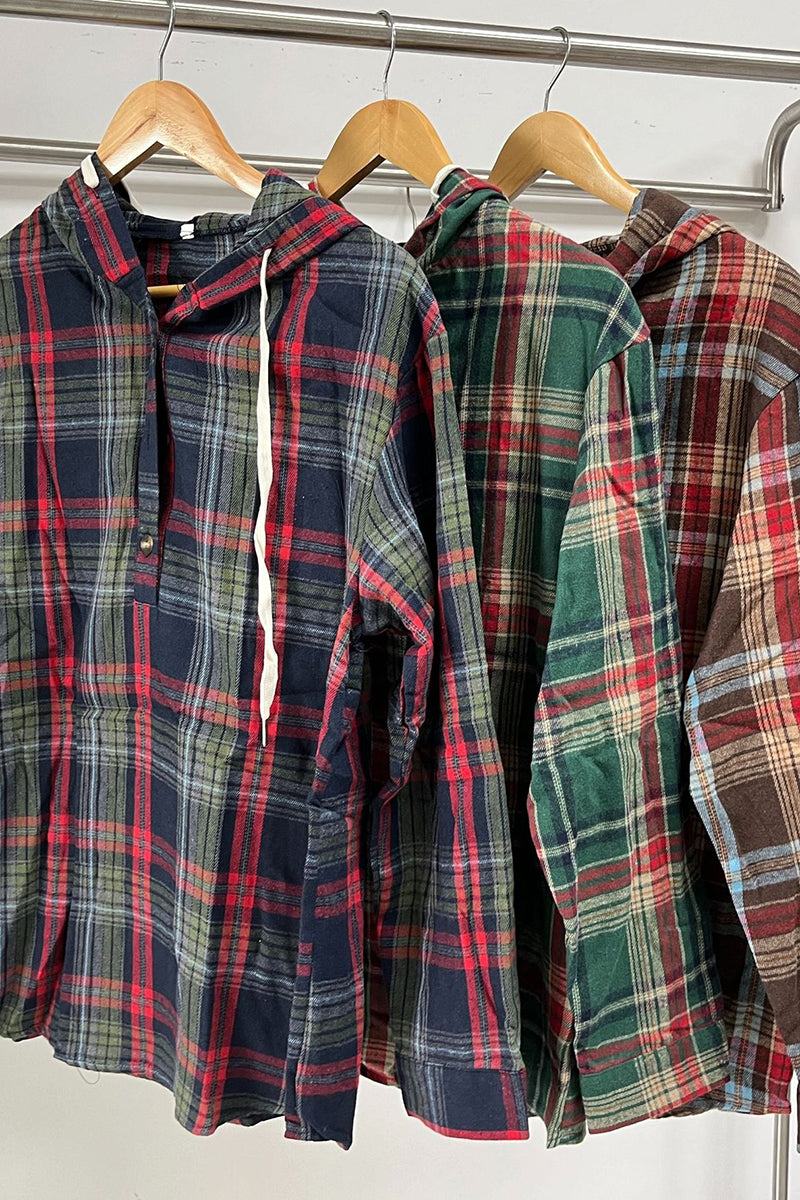Plaid Hooded Button-Up Blouse