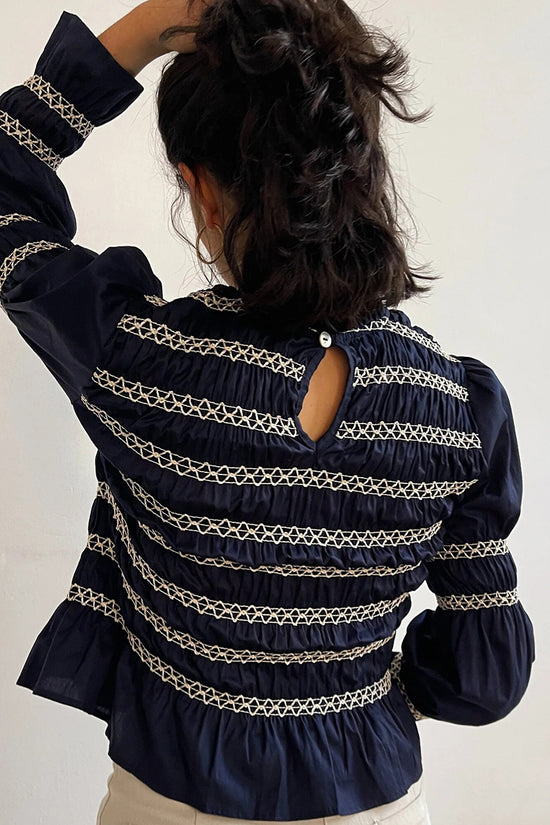 Smocked Pleated Long Sleeve Blouse