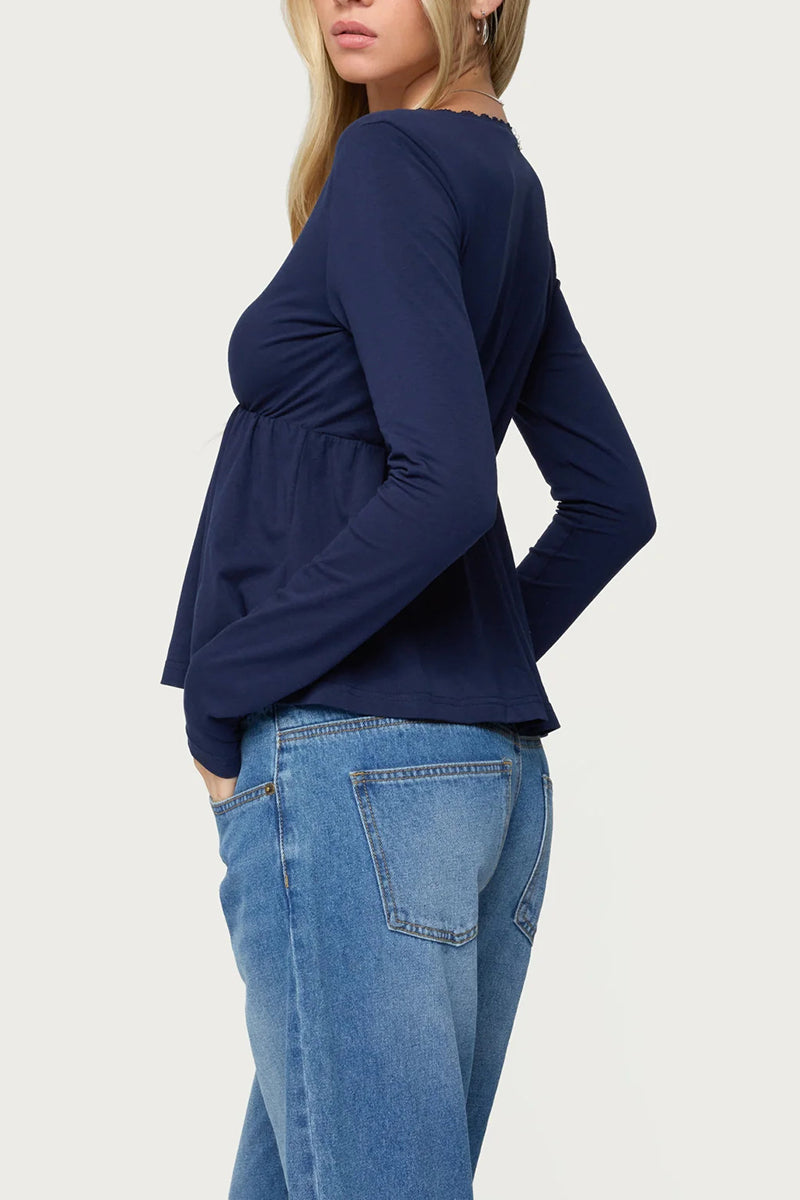 Scalloped V-Neck Long Sleeve Peplum Top