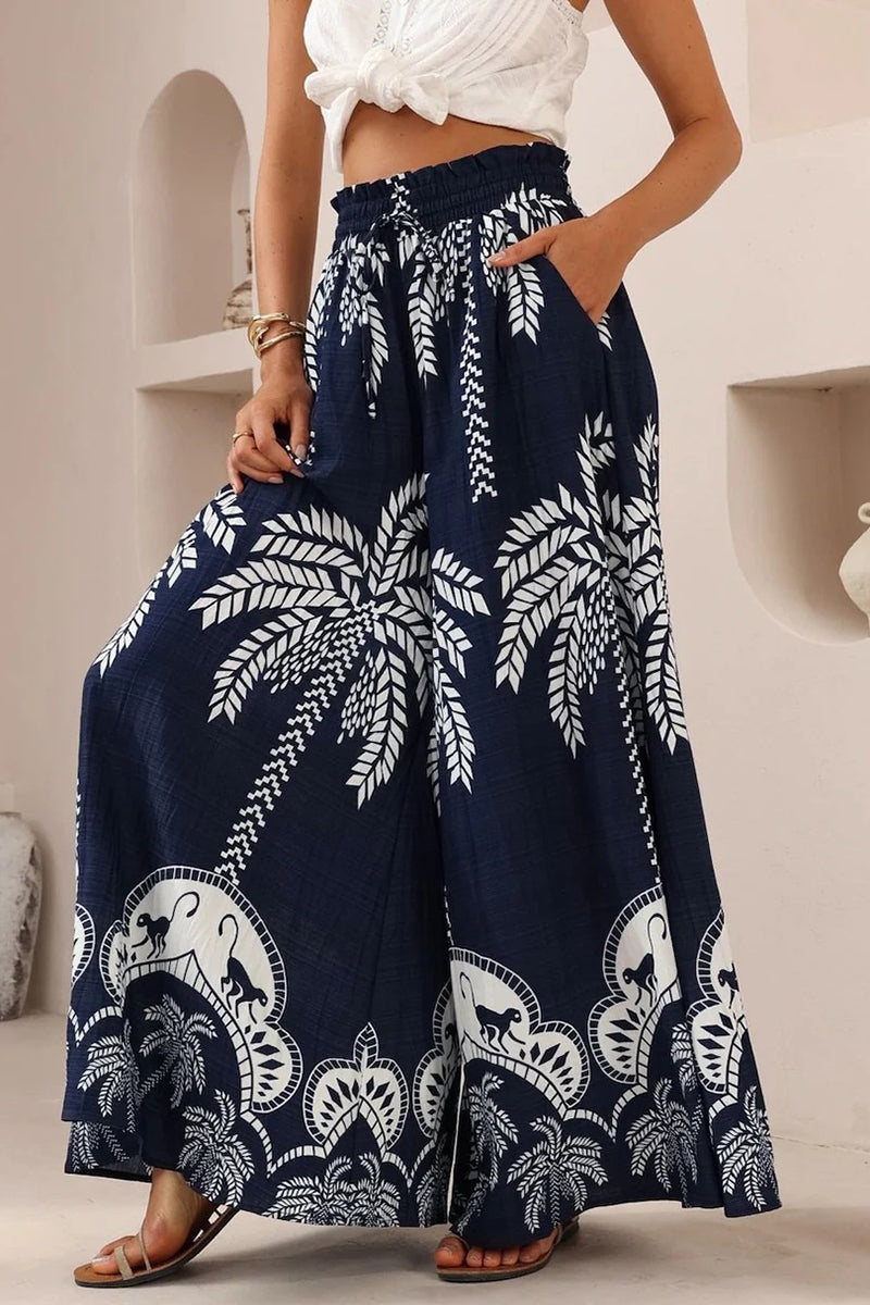 Tropical Print Wide-Leg Casual Pants