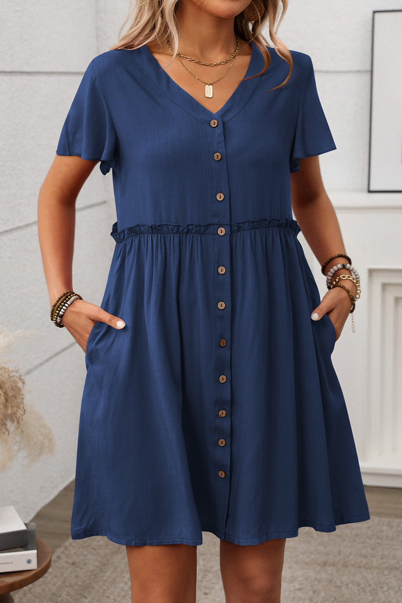 Button-Up V-Neck Casual Dress