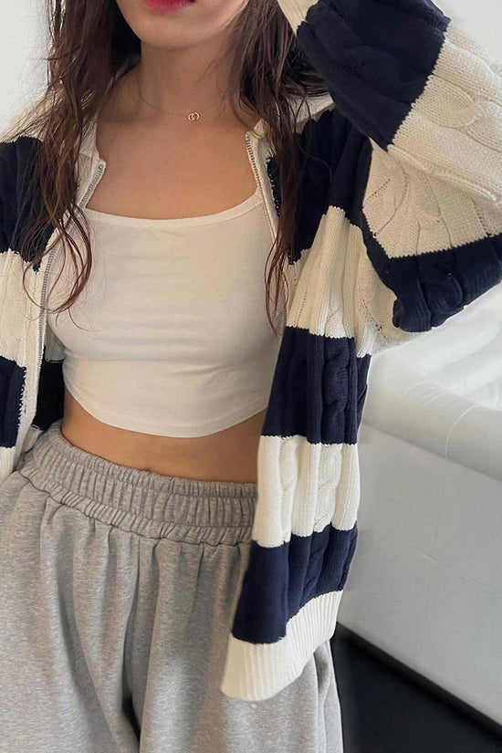Striped Cable Knit Zip-Up Cardigan