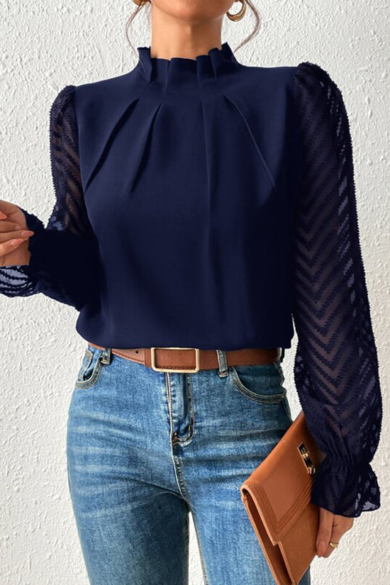 Elegant Pleated High Neck Sheer Sleeve Top