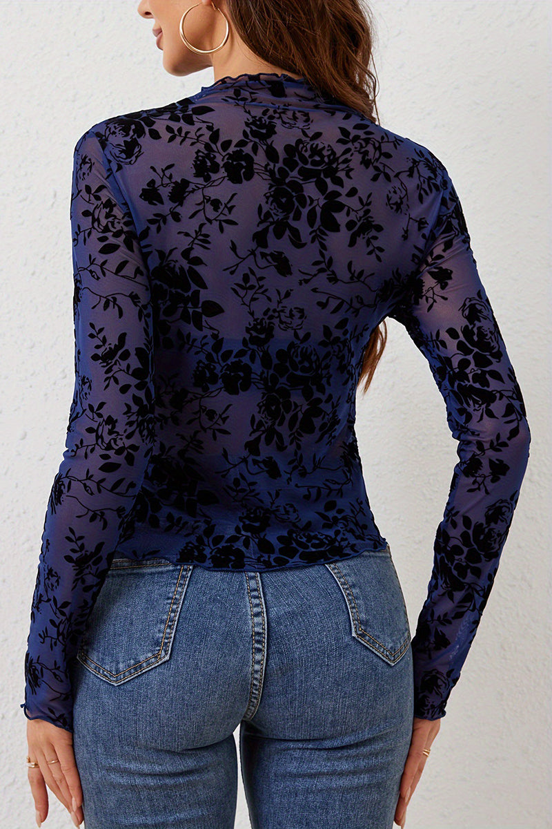 Floral Patterned Long Sleeve Sheer Top