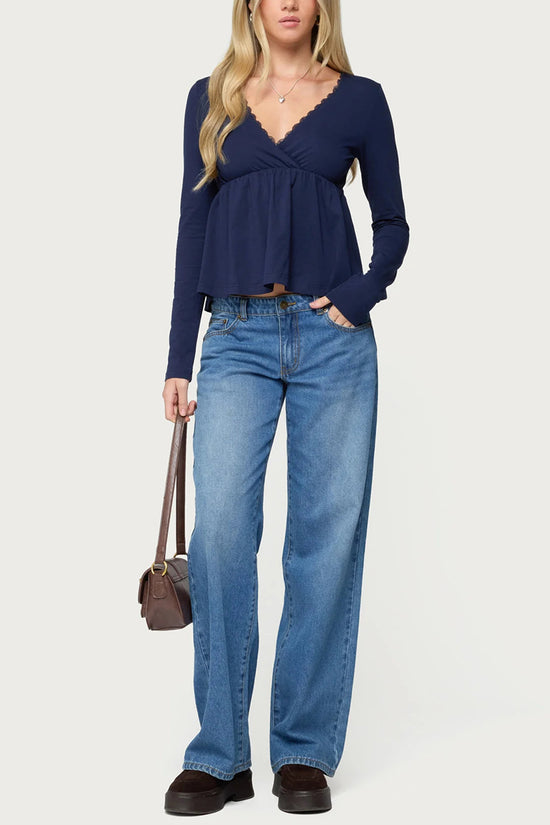Scalloped V-Neck Long Sleeve Peplum Top