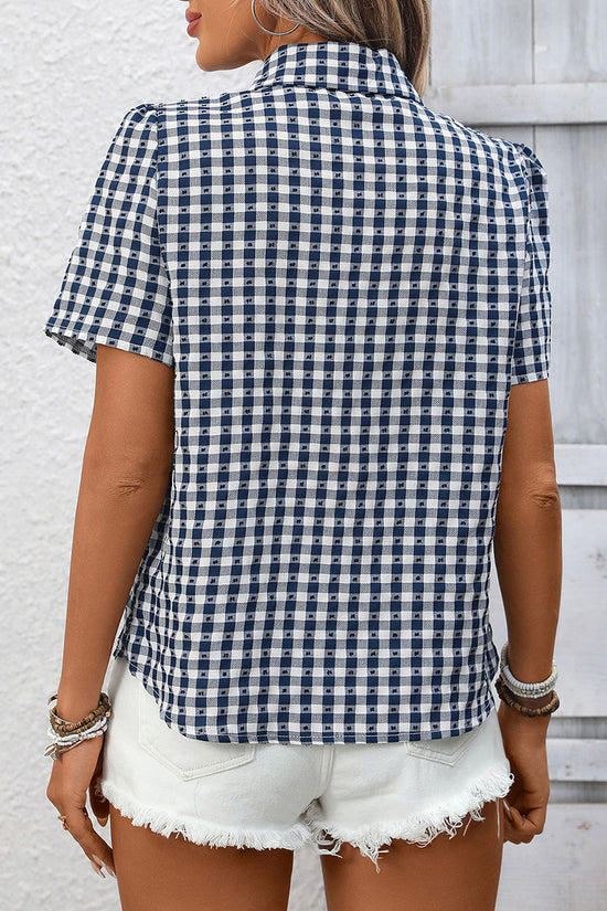 Checkered Short Sleeve Button-Up Blouse