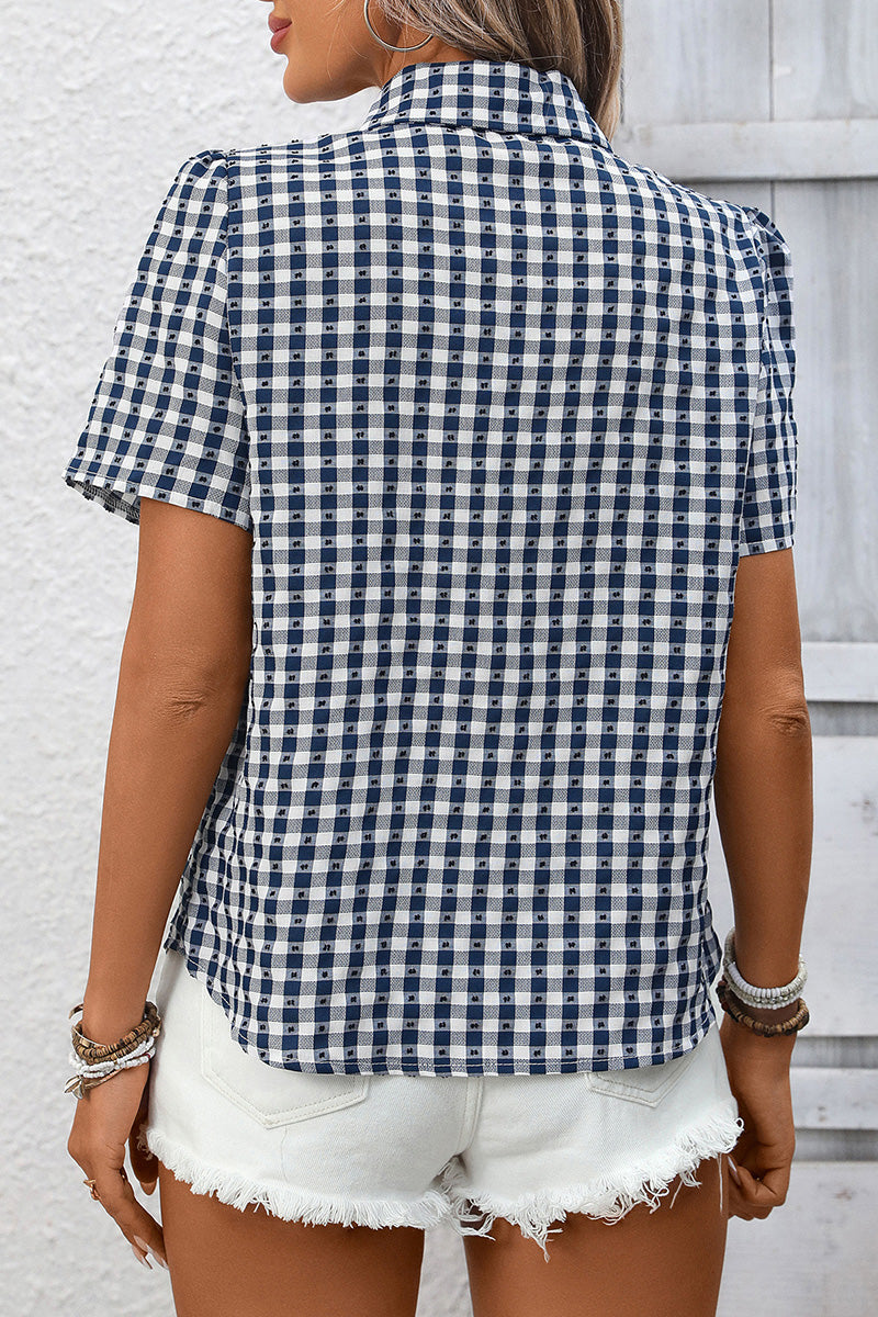 Checkered Short Sleeve Button-Up Blouse