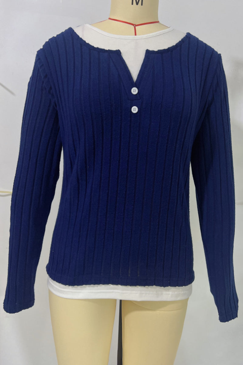Ribbed Button Detail Long Sleeve Top