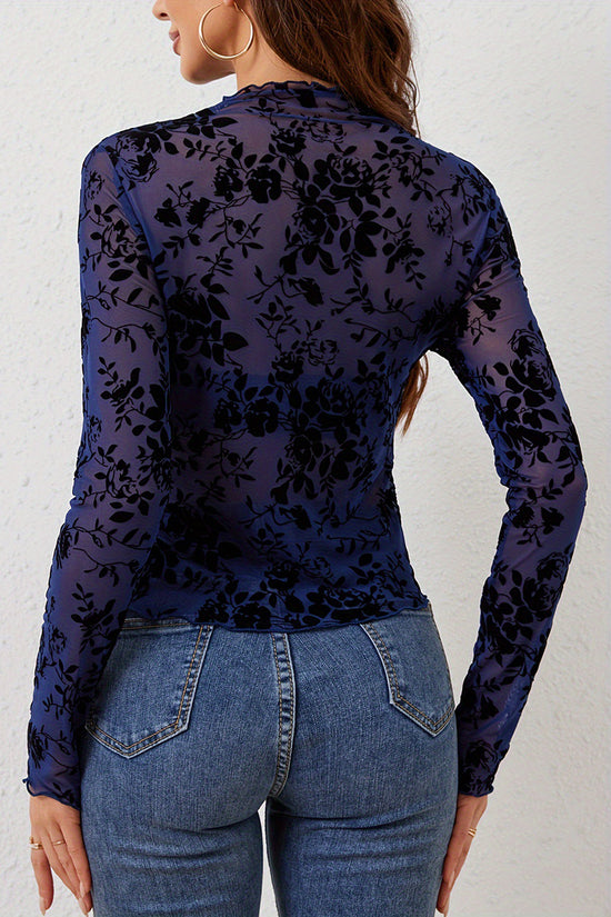Floral Patterned Long Sleeve Sheer Top