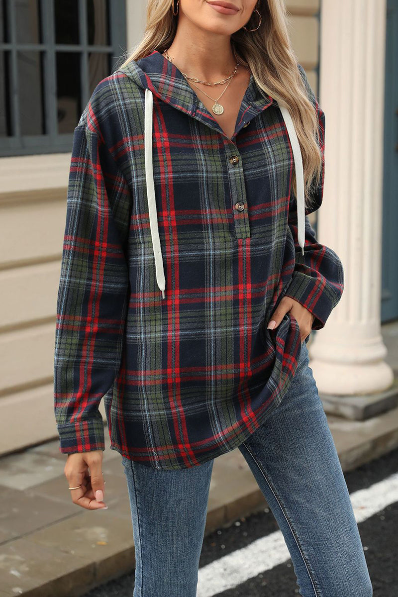 Plaid Hooded Button-Up Blouse