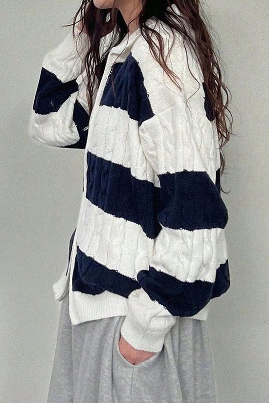 Striped Cable Knit Zip-Up Cardigan