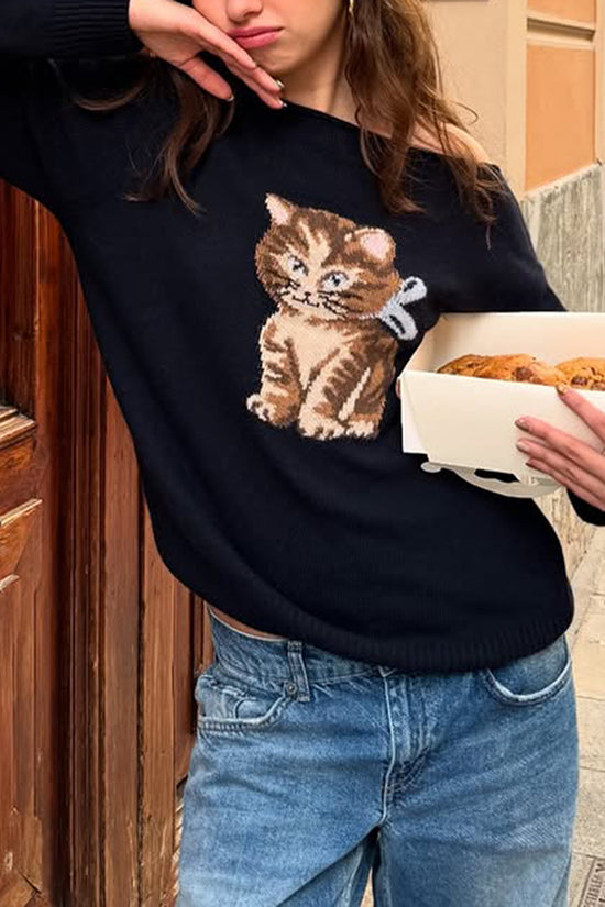 Off-Shoulder Casual Sweater with Print
