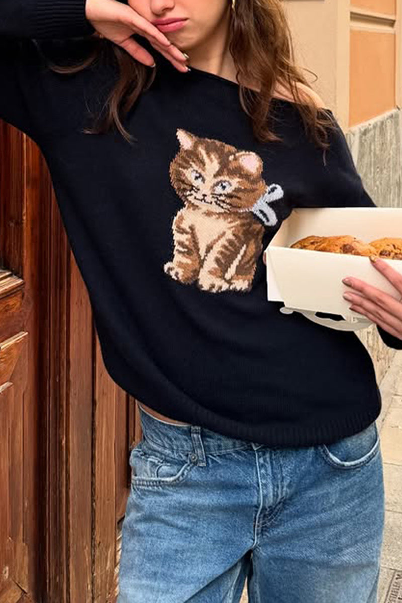 Off-Shoulder Casual Sweater with Print