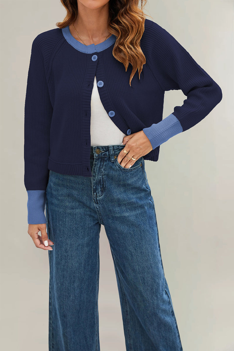 Button-Up Knit Cardigan with Contrast Trim