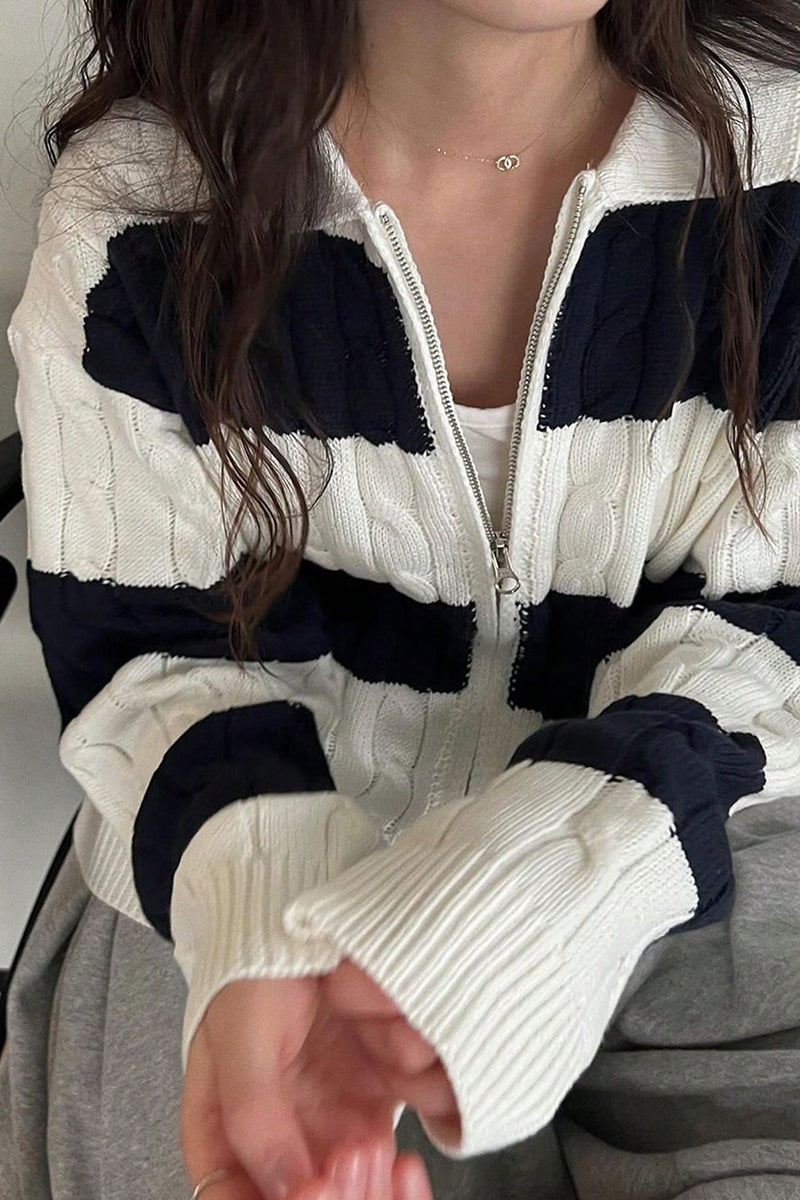 Striped Cable Knit Zip-Up Cardigan