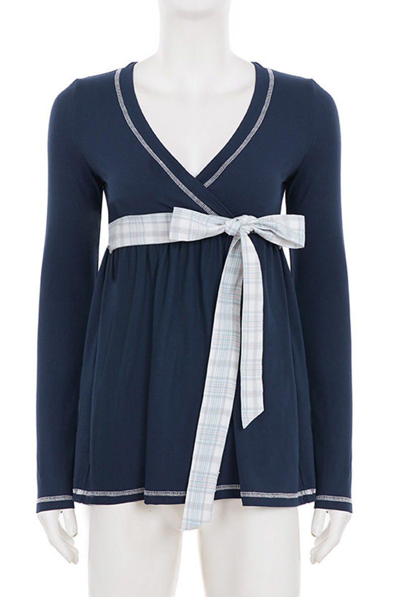 Wrap Tie Waist Long Sleeve Polo Shirt