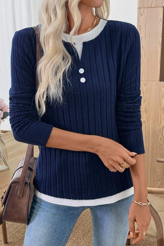 Ribbed Button Detail Long Sleeve Top