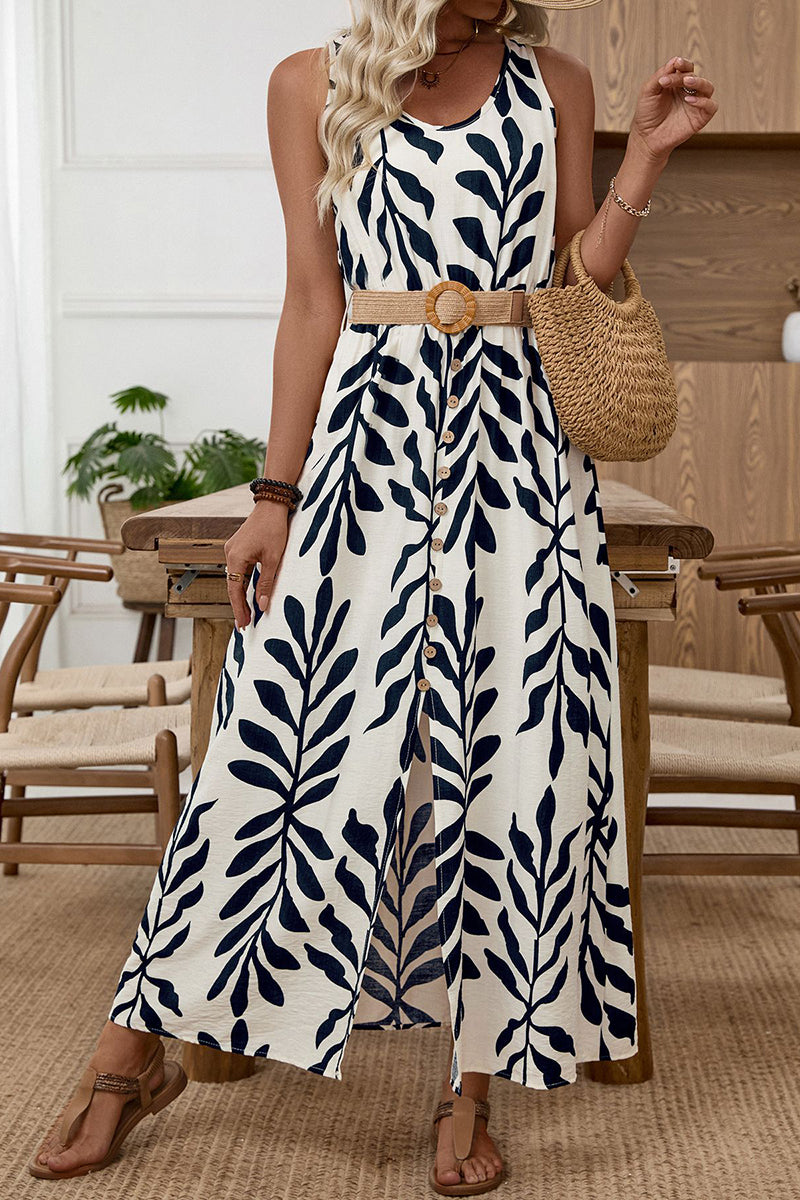 Leaf Print Sleeveless Casual Maxi Dress