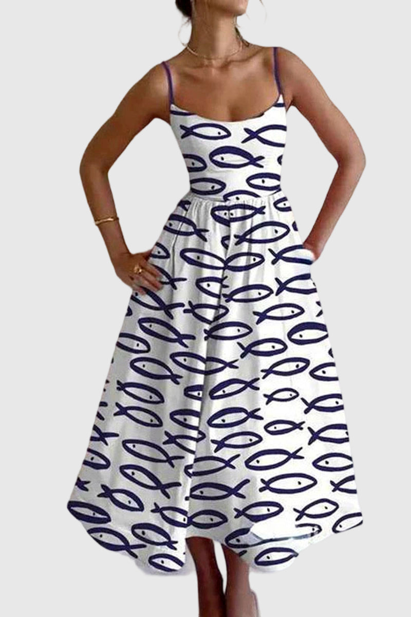 Fish Print Spaghetti Strap Midi Dress